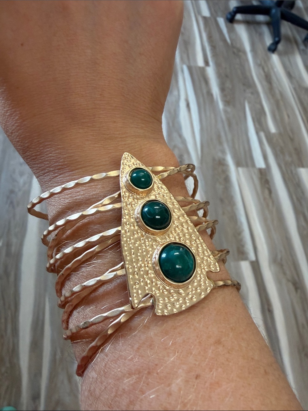 Gold-Tone Cuff Bracelet with Green Stone Accents